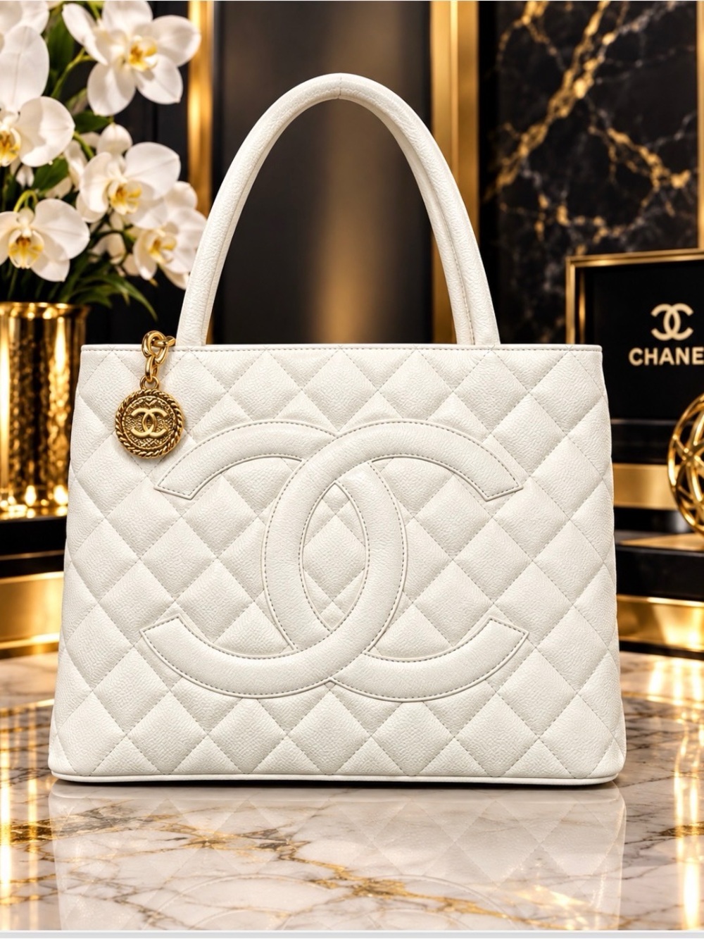 Authentic CHANEL Quilted White Caviar Leather Tote with Gold Charm